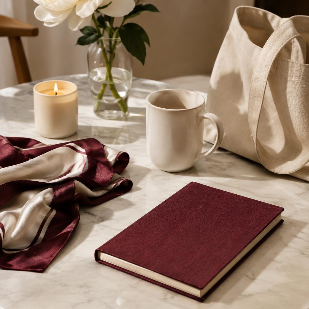 Lifestyle collection inspiration with a journal, silk scarf, mug and tote