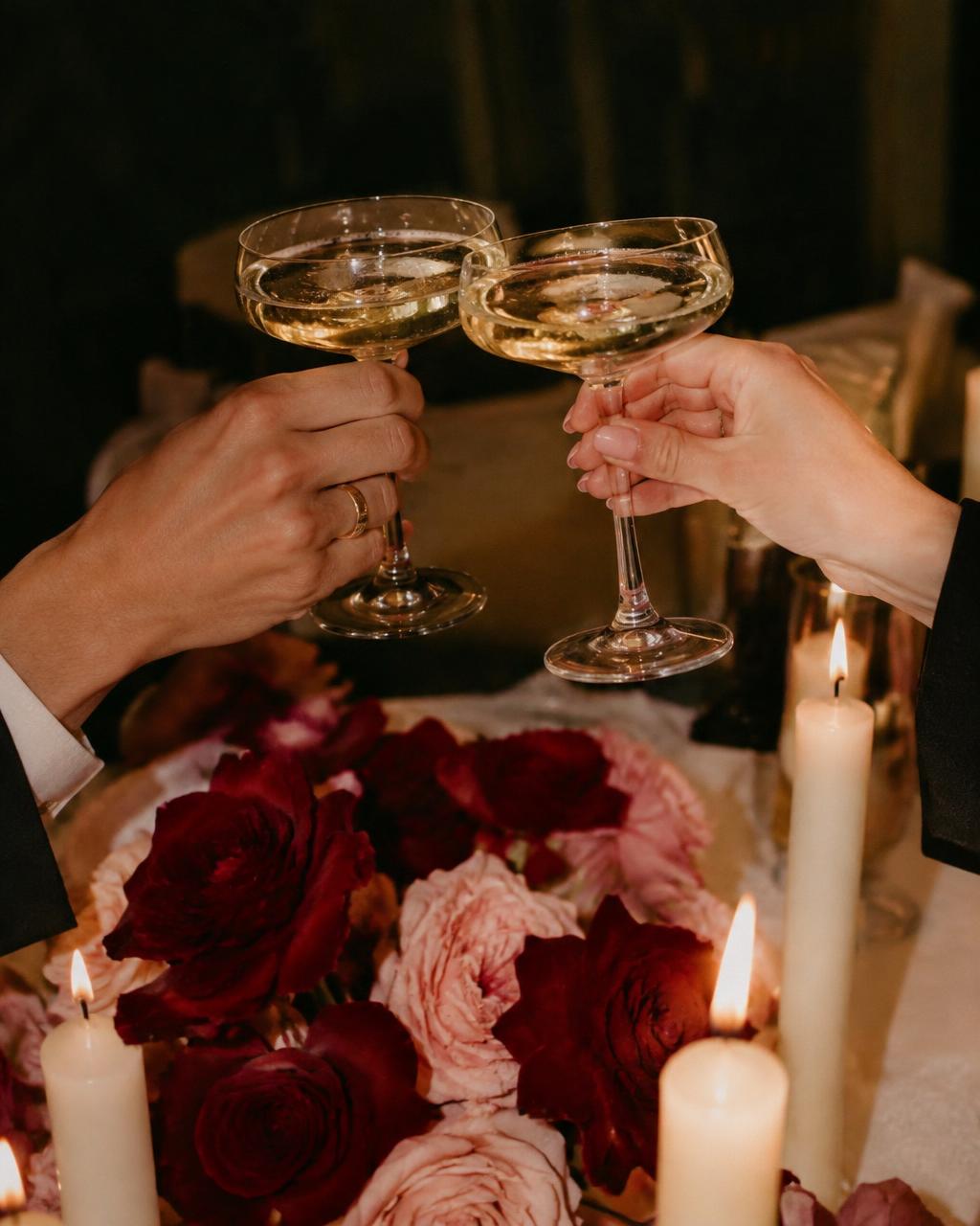 Champagne toast over roses