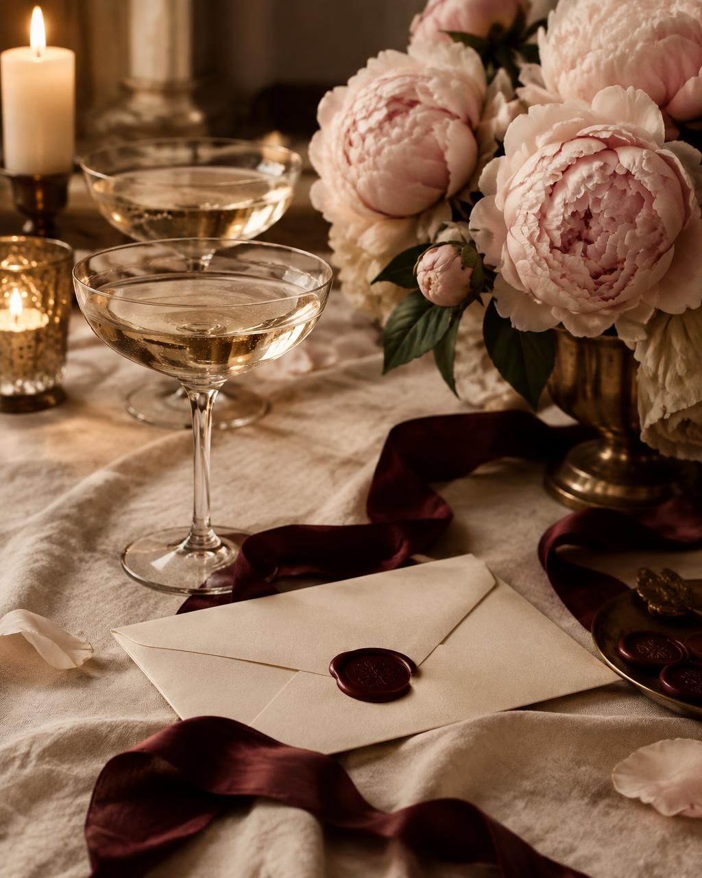 Champagne, peonies and a sealed invitation